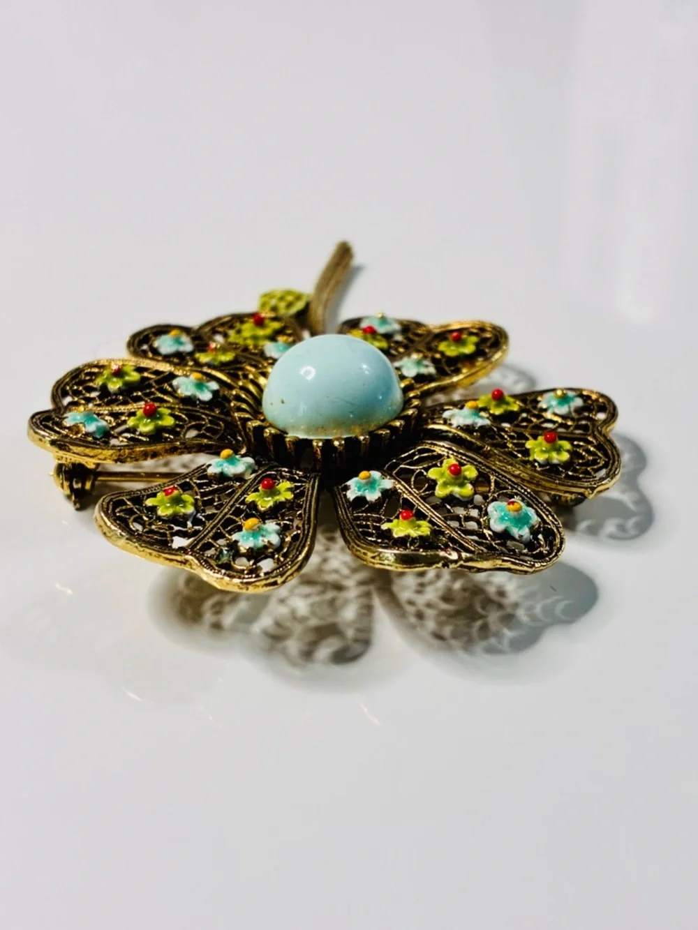 VTG Art Floral Filigree Flower Brooch with Pale Blue Cabochon Signed Oversized